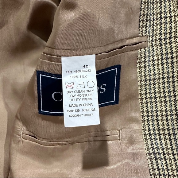 Ralph Lauren Chaps 100% Silk Tan Houndstooth Print Suit Jacket Sz 42L Blazer - Picture 9 of 14